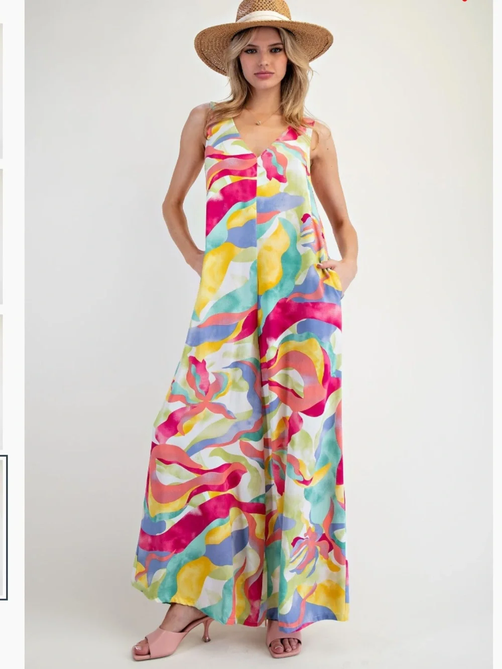 Easel V NECK PRINTED RAYON CHALLIS JUMPSUIT PANTS - Picture 1 of 4